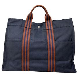 Tote in cotone vintage Hermès Navy Rust Silver Blu navy