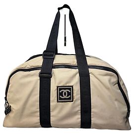 Vintage Chanel Duffle Bag Beige Black Polyester Leather Accents Beige