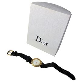 Relógio Vintage Dior com Pulseira de Couro Preto e Ouro Preto