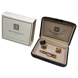Set di gemelli e fermacravatta Vintage Givenchy Logo Oro Argento D'oro