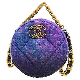 Clutch redonda Chanel 19 com corrente em tweed matelassê Roxo