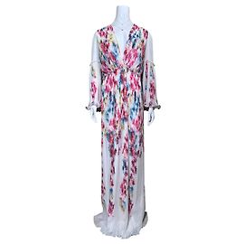Autre Marque Costarellos Plissee-Maxikleid aus Georgette mit Blumenmuster Weiß Mehrfarben