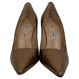 Manolo Blahnik BB Pump Pointed Toe Pumps in Bronze Snakeskin Leather Metallic Bronze