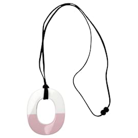 Hermès Hermes Paris Isthme Oval Pink White Laquered Wood Pendant Necklace Pink