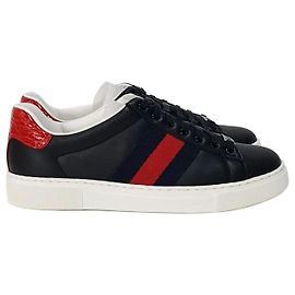 Gucci Baskets Ace Square Web en cuir noir Noir