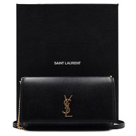 Saint Laurent Capa de celular com alça de couro Monogram com corrente dourada e bolsa transversal Preto
