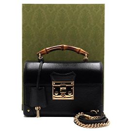 Gucci Pequena bolsa tote de couro preto com alça de bambu e alça de ombro de corrente dourada crossbody Preto