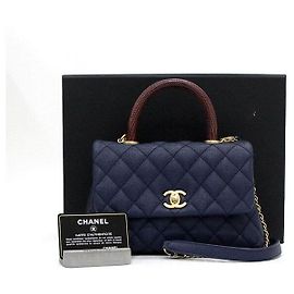 Chanel Navy Caviar Coco Handle Small Flap Lizard Top Handle Tote Bag with Gold Chain Shoulder Bag Blue