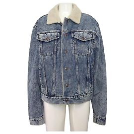 Céline Veste trucker en denim avec franges en shearling Bleu