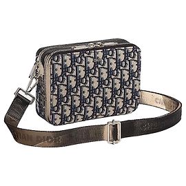 Dior Pochete com zíper e alça Strap Zip Pouch Beige Black Oblique Jacquard Marrom