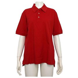 Hermès Camiseta de algodón roja de manga corta para mujer con cuello de botones, algodón rojo Roja