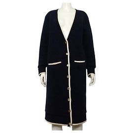 Thom Browne Langer Wollstrickjacke mit goldenen Knöpfen Blau