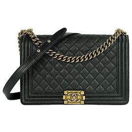 Chanel Bolso Boy Caviar Large Khaki Castaño