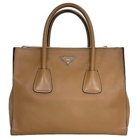 Prada Bolsa Tote Glace Calf Twin Pocket Medium Beige Marrom
