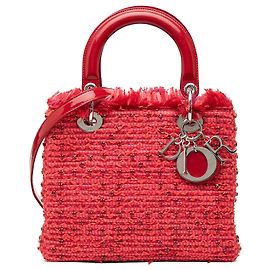 Lady Dior en tweed rouge taille Medium avec franges et strass Rouge