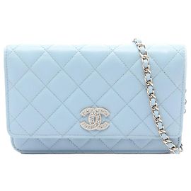 Chanel Blue Quilted Caviar Crystal Enamel CC Wallet On Chain Blue Light blue