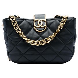 Chanel Black CC Quilted Lambskin Chain Hobo Bag Black