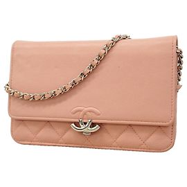 Chanel Matelassé Pink Leather Chain Shoulder Wallet Pink
