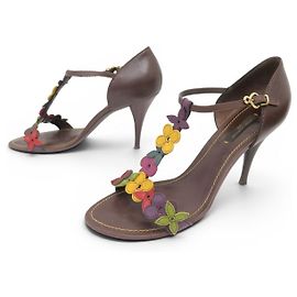 LOUIS VUITTON AUBEPINE T-STRAP FLEURS MONOGRAM 38 SANDALS SHOES Brown