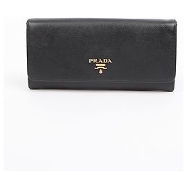 Prada Saffiano Leather Metal Logo Long Wallet Black Black
