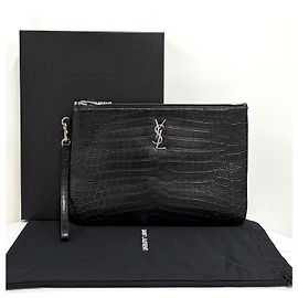 Saint Laurent Crocodile Pattern Silver Monogram Clutch Bag Black Black