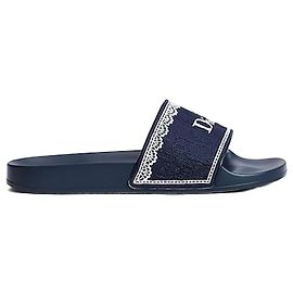 Dior Dantel Slide Navy Blue Oblique Embroidery Cotton White Lace Blau