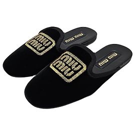 Miu Miu Samt-Hausschuhe mit Logo Schwarz Schwarz