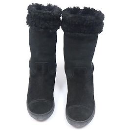 Chanel Botas femininas de camurça preta e shearling com logo CC Preto
