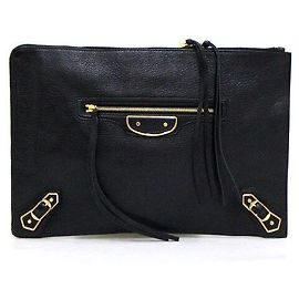 Balenciaga Classic Edge Black Leather Clutch Bag Black