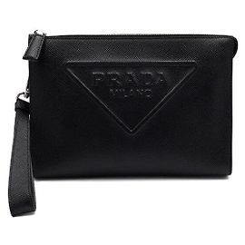 Prada Black Saffiano Leather Triangle Logo Strap Clutch Bag Black