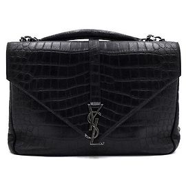 Saint Laurent Grande bolsa tote College com relevo de crocodilo, bolsa de ombro com corrente prateada e transversal Preto