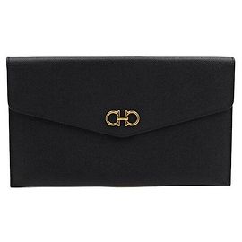 Salvatore Ferragamo Black Leather Clutch Bag with Gold Logo Black