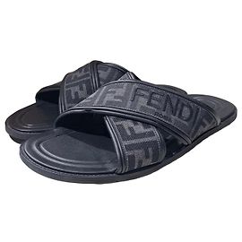 Fendi Men's FF Jacquard Crossover Fabric Sandals Slippers Black Black