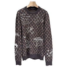Louis Vuitton Monogramm-bestickter Woll-Crewneck-Strickpullover Braun
