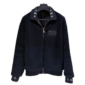 Louis Vuitton Leather Patch Fleece Bomber Jacket Blue