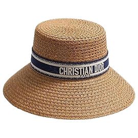 Dior Breitkrempenhut mit blau-weiß besticktem Band, Stroh Blau
