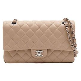 Chanel Beige Lambskin Classic Medium Silver Chain Shoulder Bag Brown