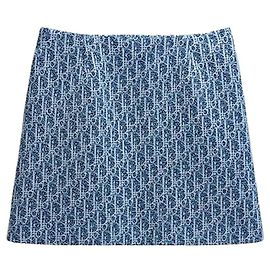 Dior Minifalda acampanada Riviera Azul Efecto Esponja Tweed de Mezcla de Algodón de Doble Cara Azul