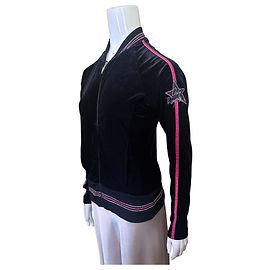 Giacca Bomber in Velluto Thierry Mugler con Strisce Rosa e Dettaglio Stella Nero Rosa