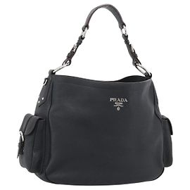 PRADA Shoulder Bag Vittero Dino Leather Black Silver Auth 194853SAV Black Silvery