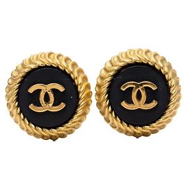 Chanel Coco Mark Vintage Earrings Black Golden