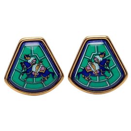 Hermès Hermes Emaille-Clip-Ohrringe in Fächerform Blau Golden Grün