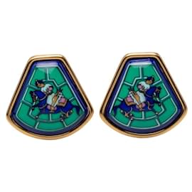 Hermès Orecchini a clip in smalto a forma di ventaglio Hermes Blu D'oro Verde