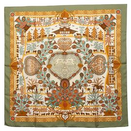 Hermès Hermes Carre 90 Decoupages Paper Cutout Scarf Multicolore Verde Cachi