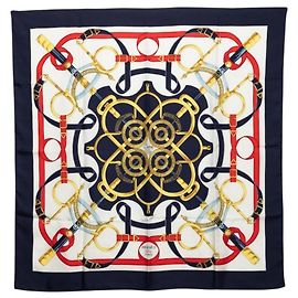 Hermès Hermes Carre 90 Eperon d’or Seidentuch Weiß Marineblau