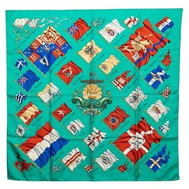 Hermès Hermes Carre 90 PAVOIS Ship Flag Lenço E Cachecol Verde