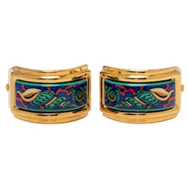 Hermès Hermes Emaille-Cloisonné-Clip-Ohrringe in Gold Multicolore Mehrfarben Golden