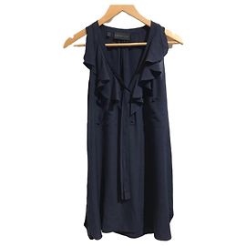 Vestido Derek Lam de seda azul marinho com gola de babados Azul