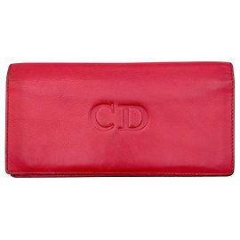 Dior Cristian Vintage Red Leather Long Flap Embossed CD Logo Wallet Red