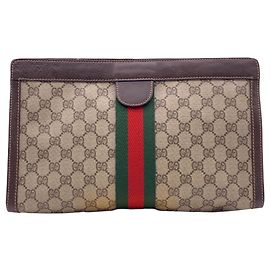Gucci Vintage Brauner Canvas Monogram Web Large Ophidia Clutch Bag Braun